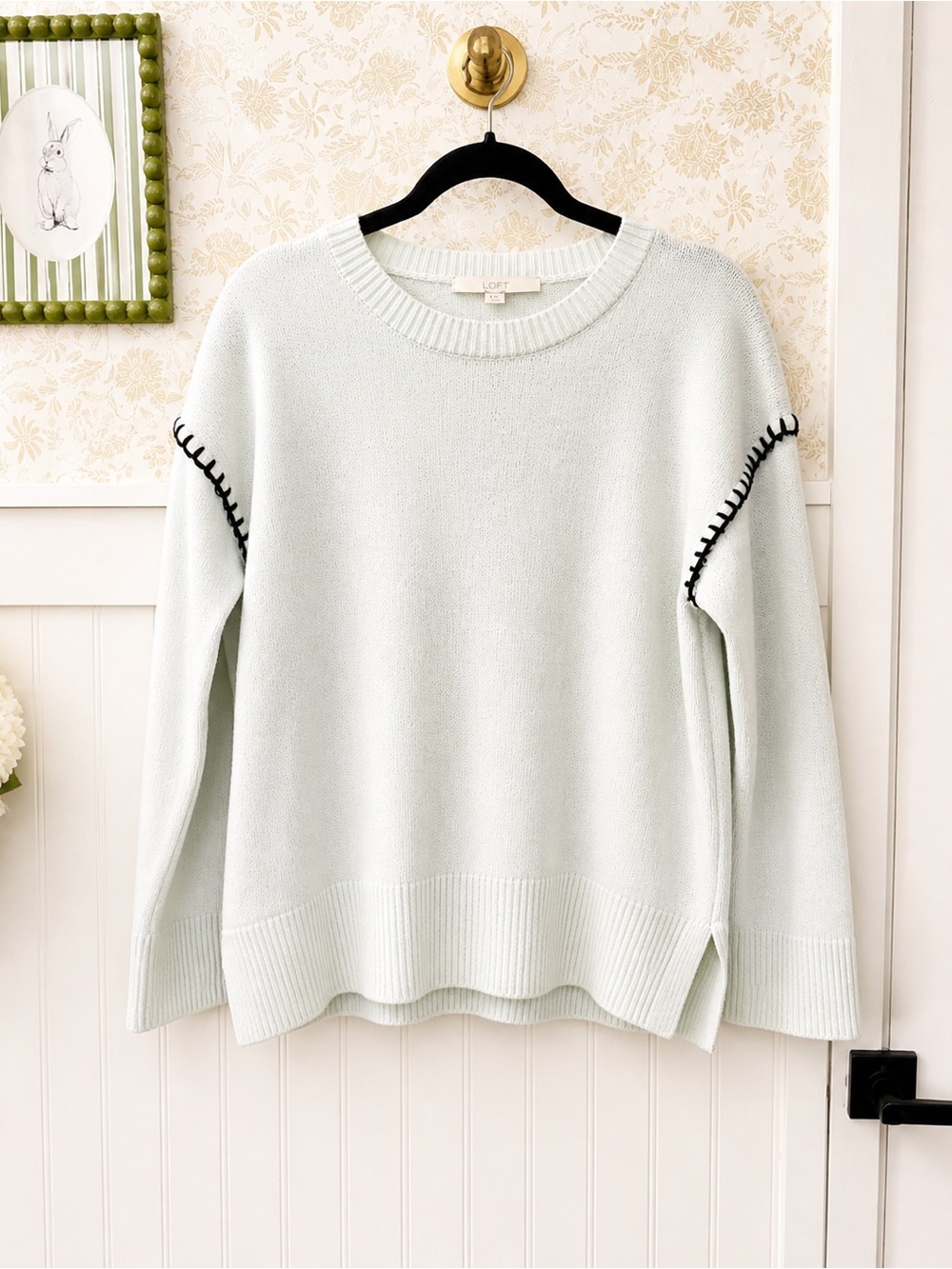 LOFT White Crewneck Sweater with Black Contrast Stitching
